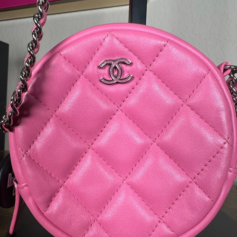 Authentic CHANEL Hot Pink Quilted Round Crossbody Bag
